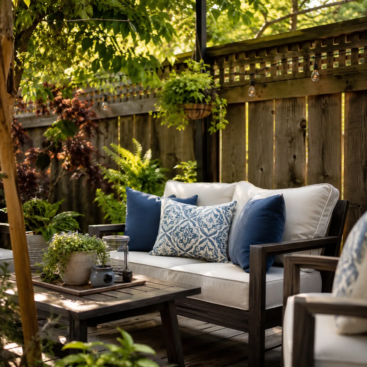Realistic editorial photo of new outdoor cushion covers in budget backyard weekend upgrade, realistic editorial photo, n