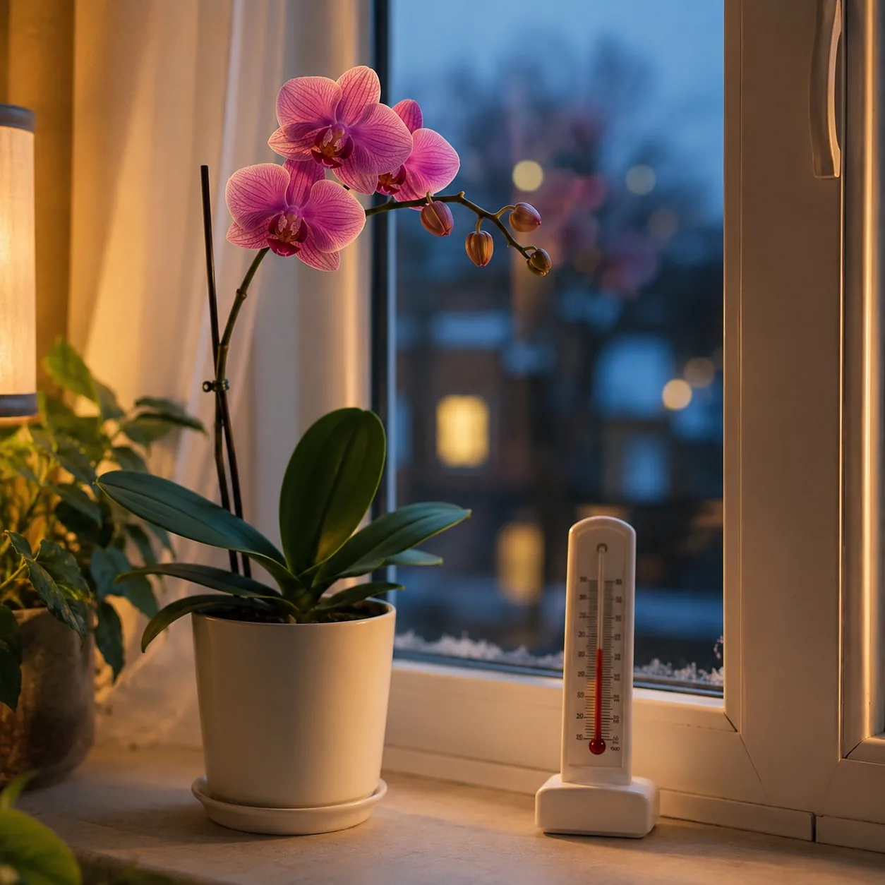 Realistic editorial photo of orchid on windowsill during cool evening with indoor thermometer nearby, warm natural light