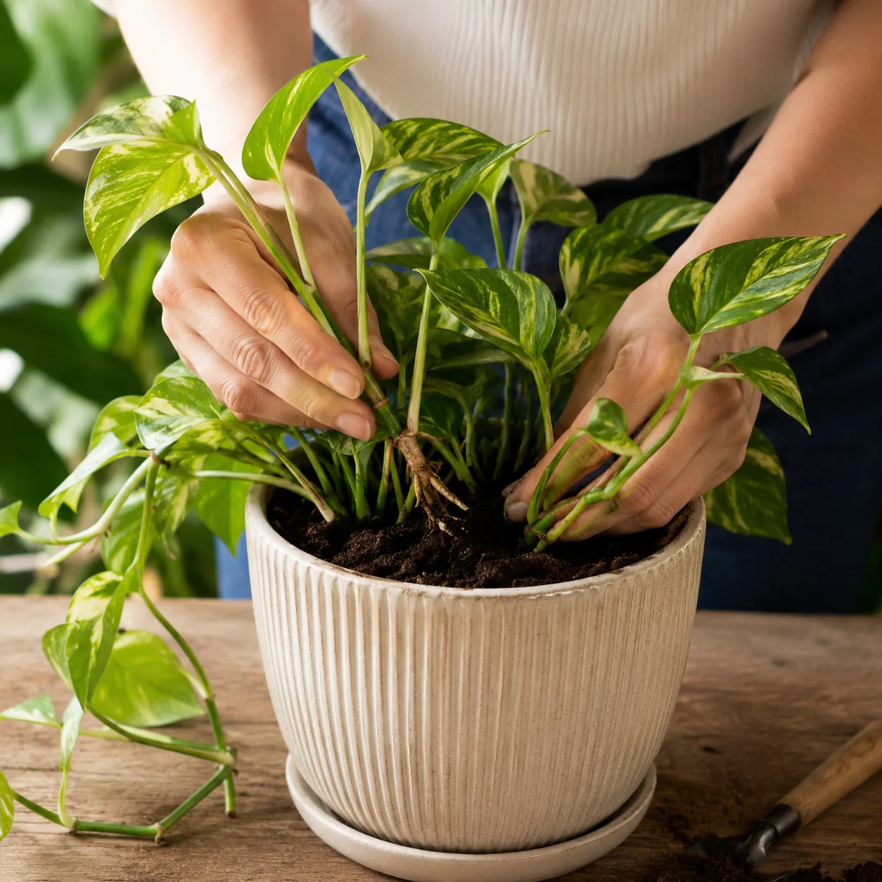 Realistic editorial photo of rooted pothos cuttings being tucked back into the same pot to fill empty spaces, warm natur