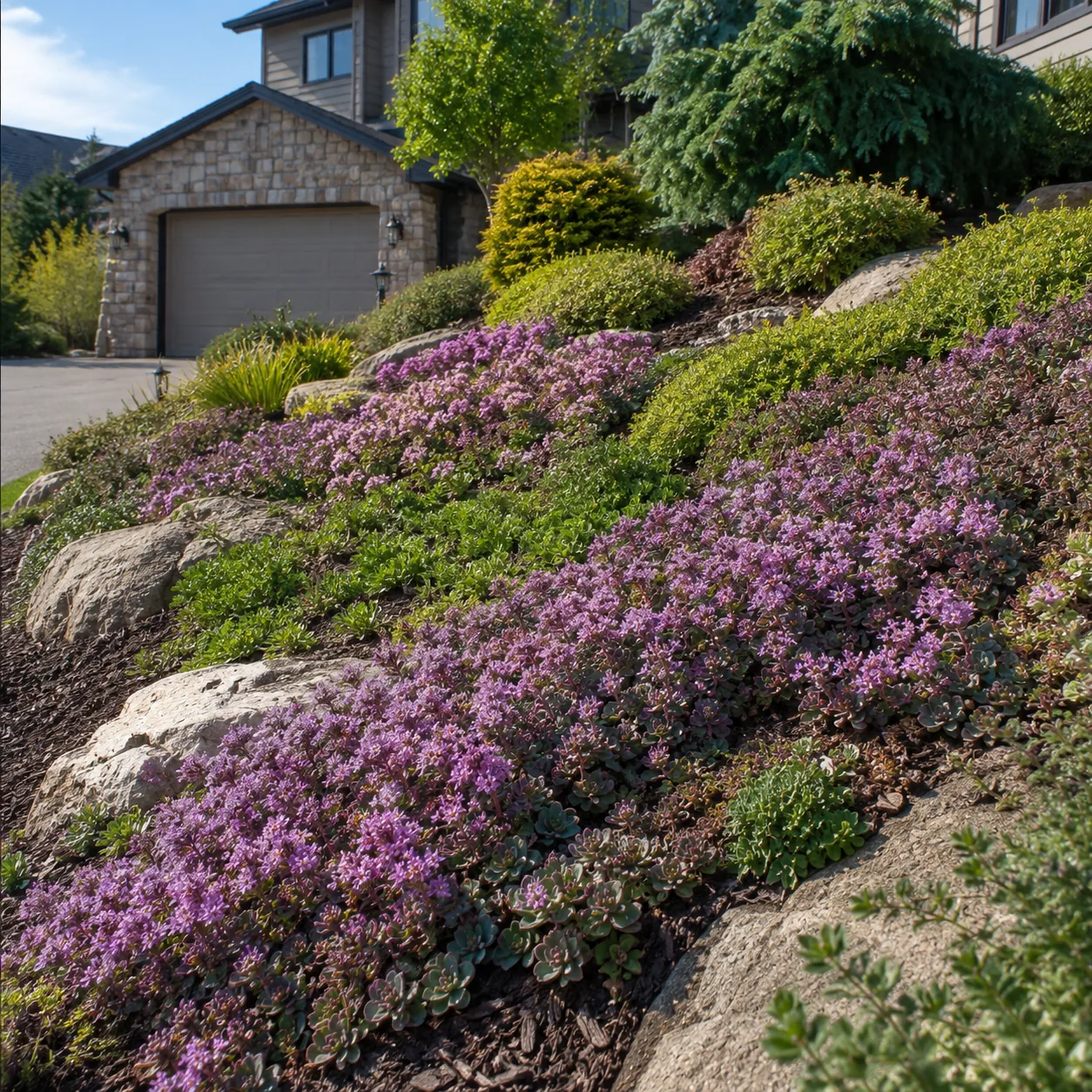 Realistic editorial photo of Sedum spurium growing in sloped front yard planted with controlled ground covers, realistic