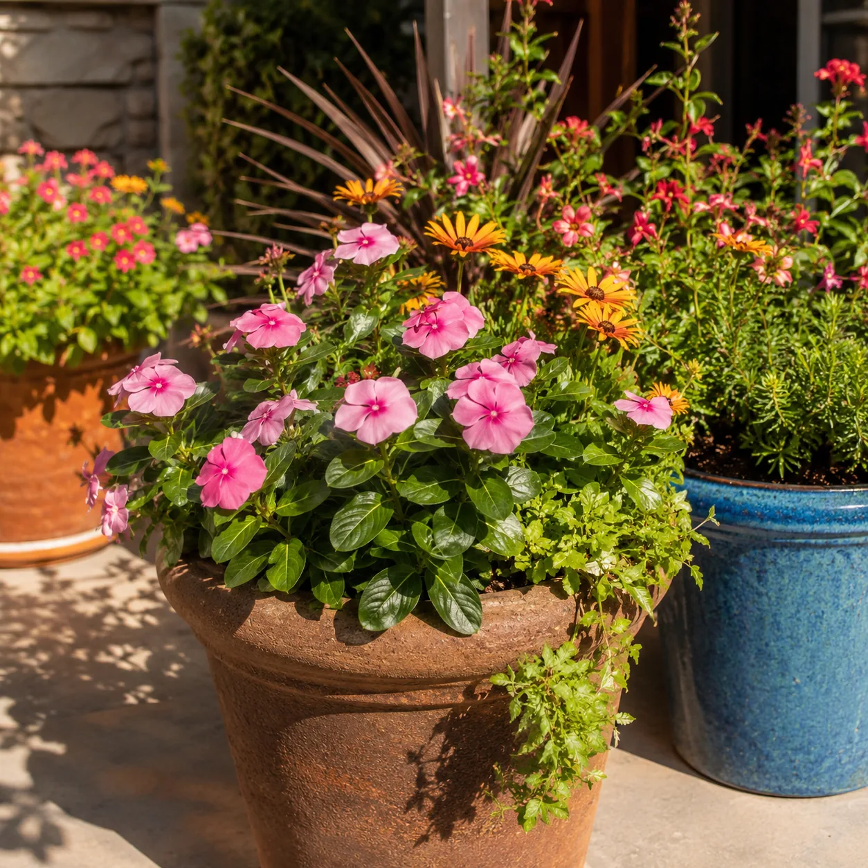 Realistic editorial photo of Vinca growing in sunny patio containers with heat tolerant flowering plants, realistic edit