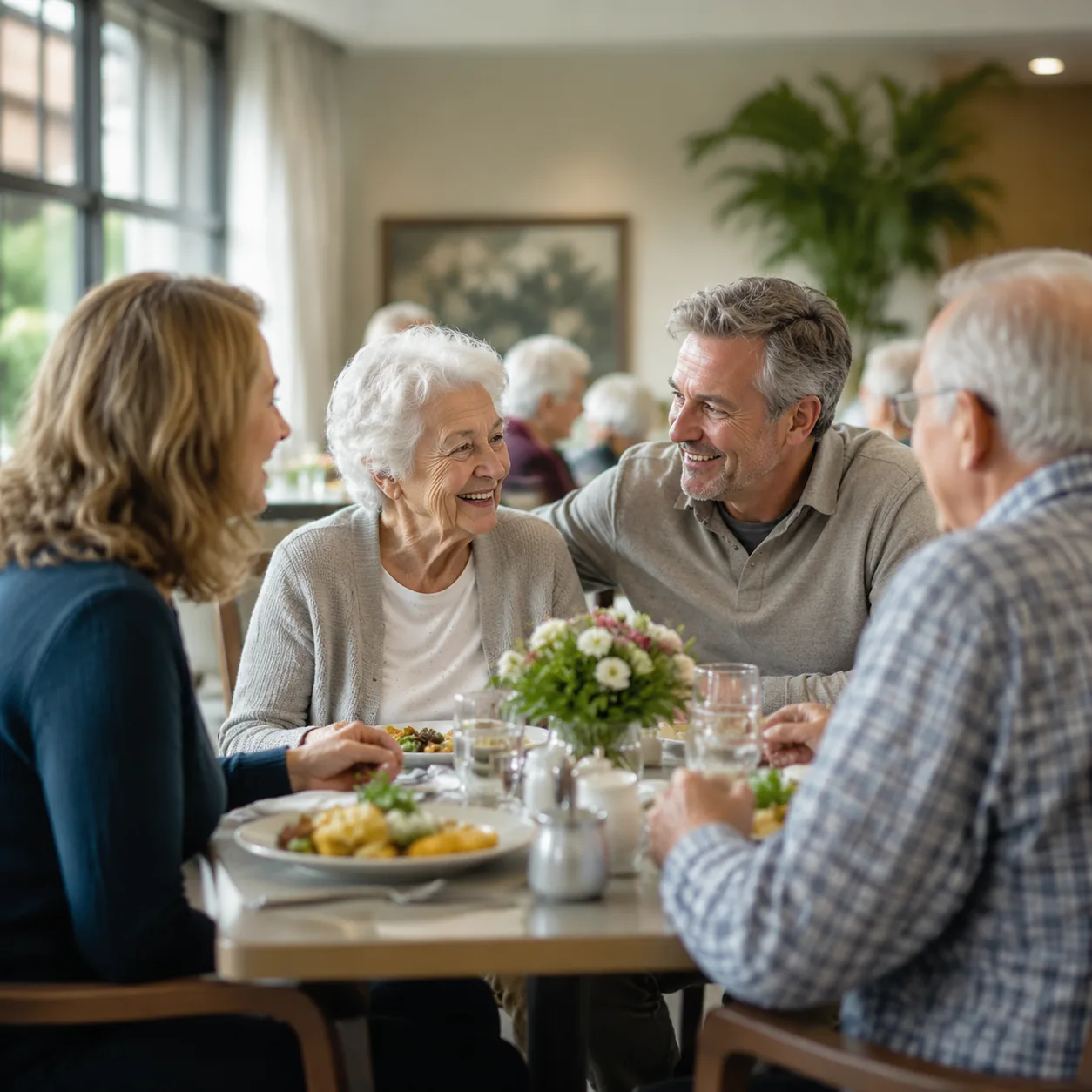 family sharing meal with older parent in assisted living dining room, realistic editorial lifestyle photography for Amer