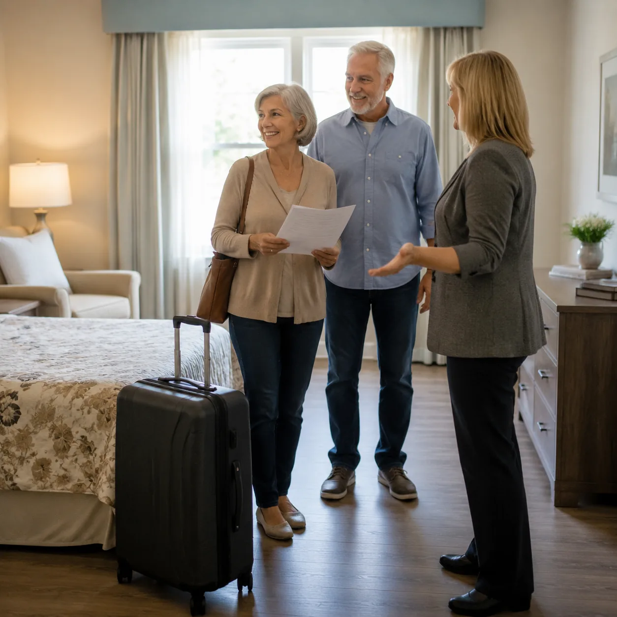 family touring assisted living respite room with suitcase and short stay paperwork, realistic editorial lifestyle photog