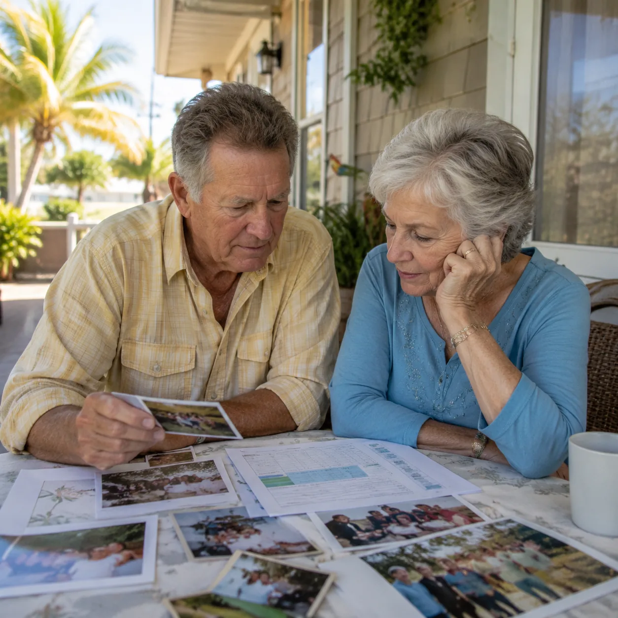 older couple sitting on porch of modest Florida home looking at retirement budget and family photos, realistic editorial