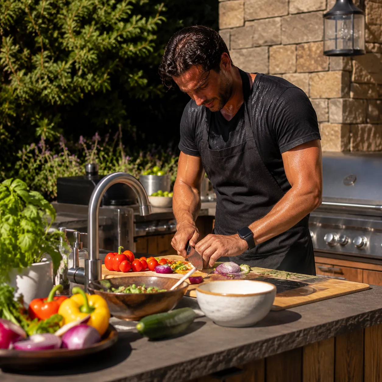 Realistic editorial photo of a backyard outdoor kitchen prep counter in harsh direct sun with cutting board, vegetables,