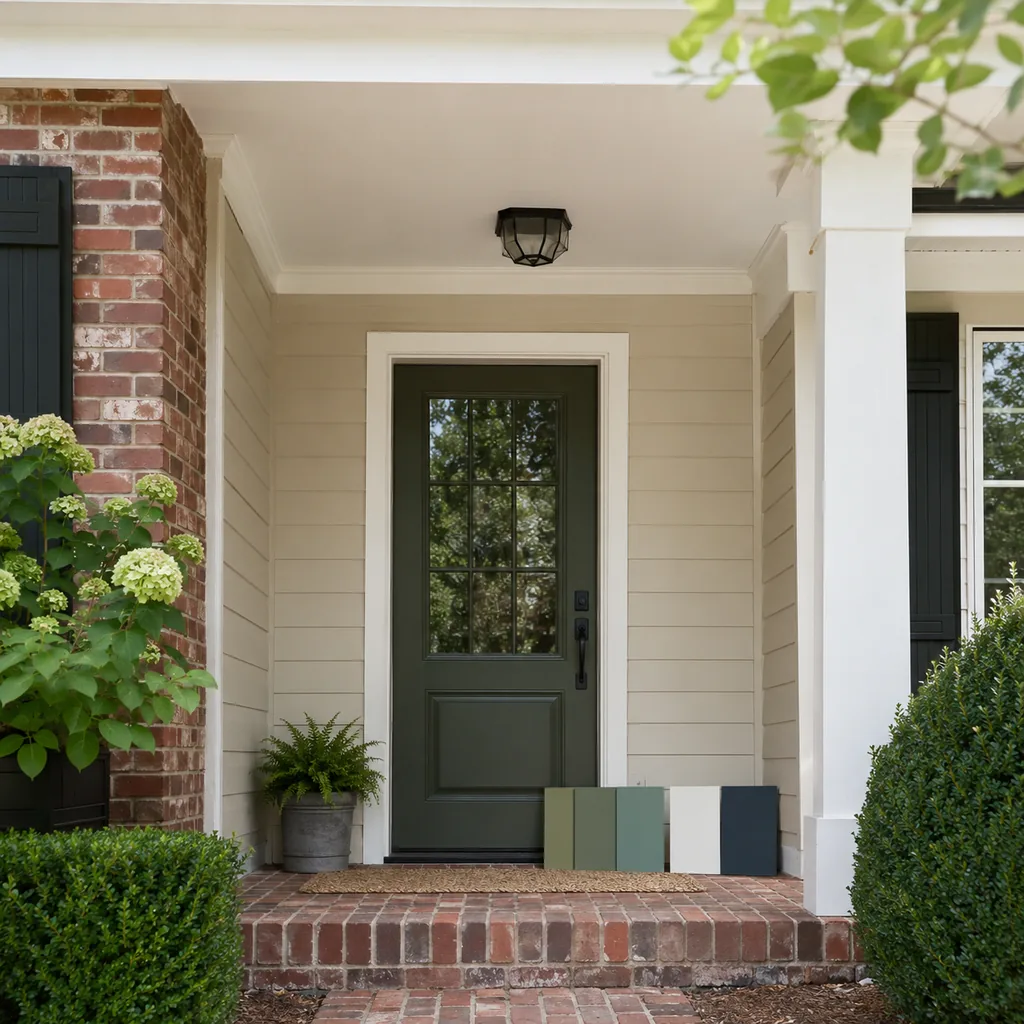 Realistic editorial photo of a front entry with door paint samples, brick, siding, plants, and trim showing ceilings left too stark