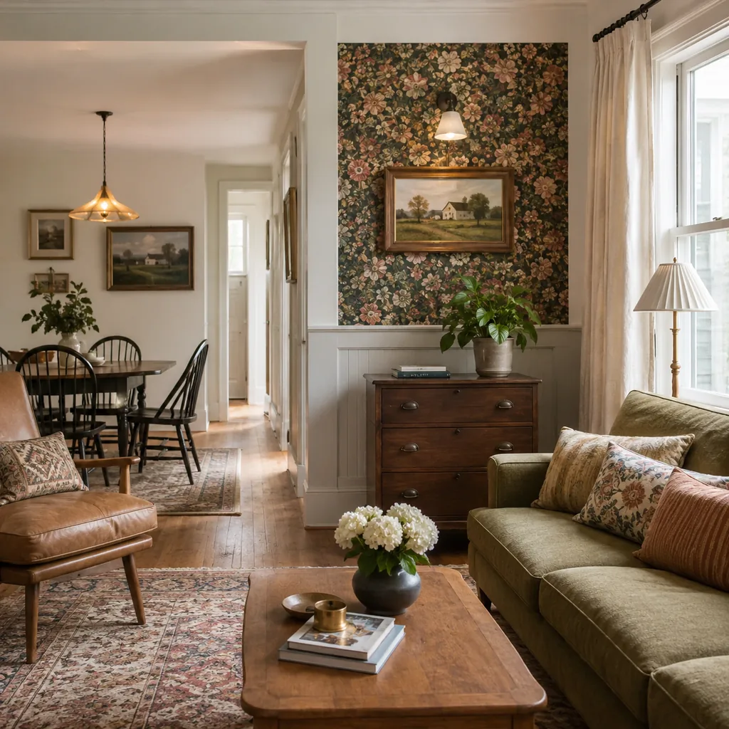 Realistic editorial photo of a home interior with vintage decor, modern furniture, warm wood, patterned accents, and layered lighting showing wallpaper in a sma