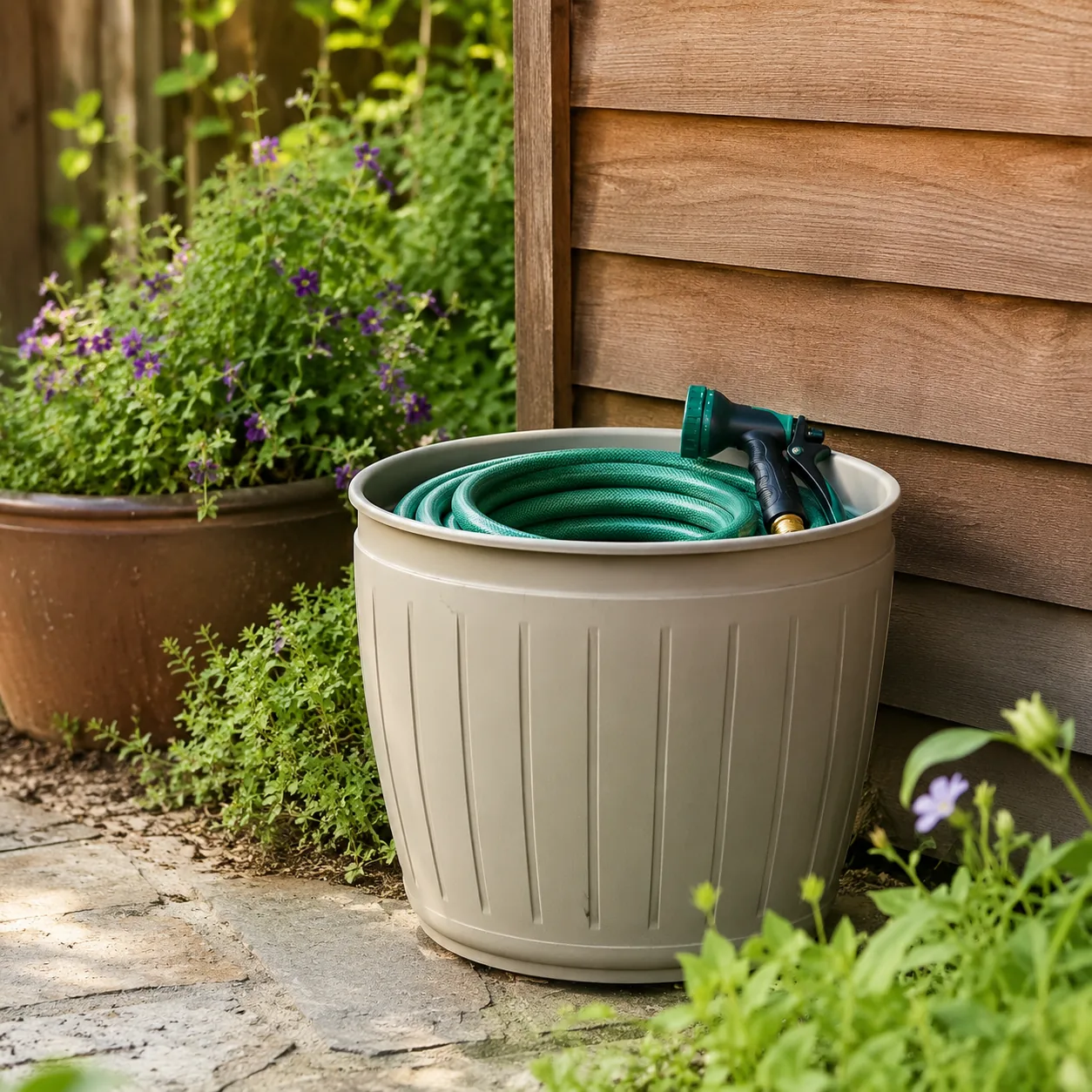 Realistic editorial photo of a hose pot or hose reel in budget backyard weekend upgrade, realistic editorial photo, natu