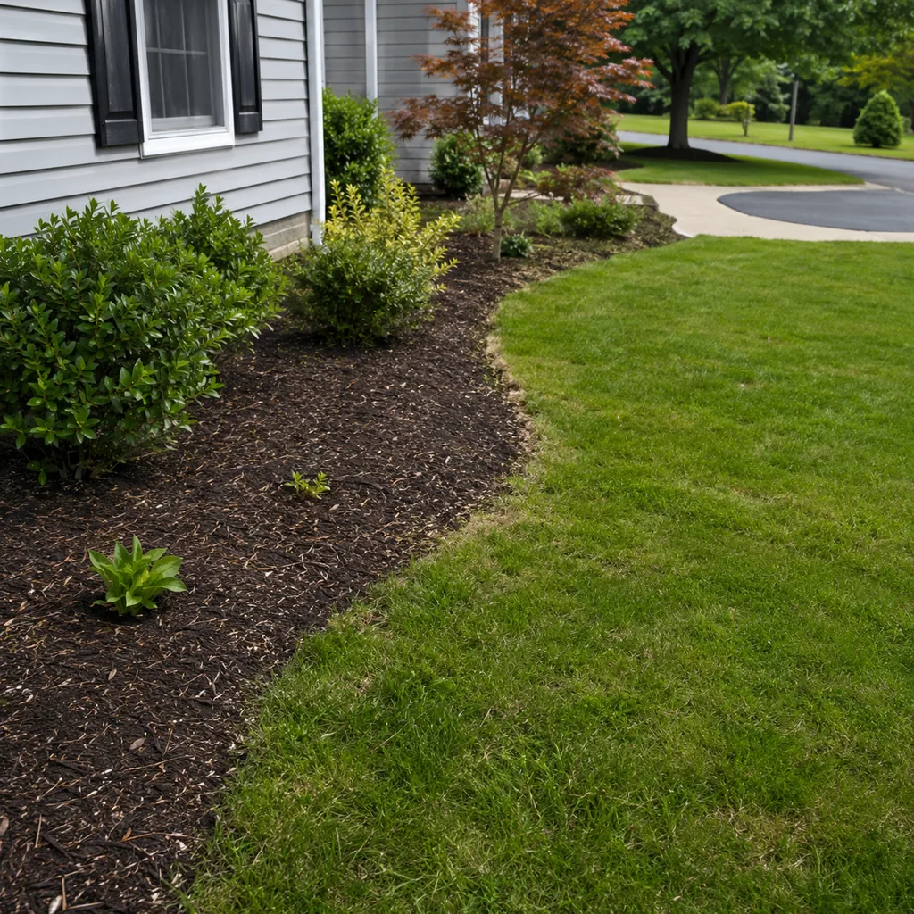 Realistic editorial photo of a landscaped American front yard with lawn, shrubs, mulch beds, trees, walkway, and house exterior showing awkward transition to th