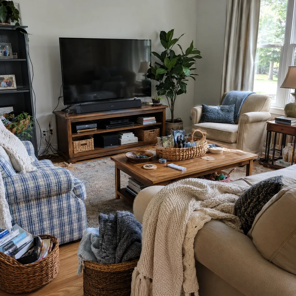 Realistic editorial photo of a living room with crowded surfaces, extra chairs, baskets, blankets, cords, and storage furniture showing cords visible around med