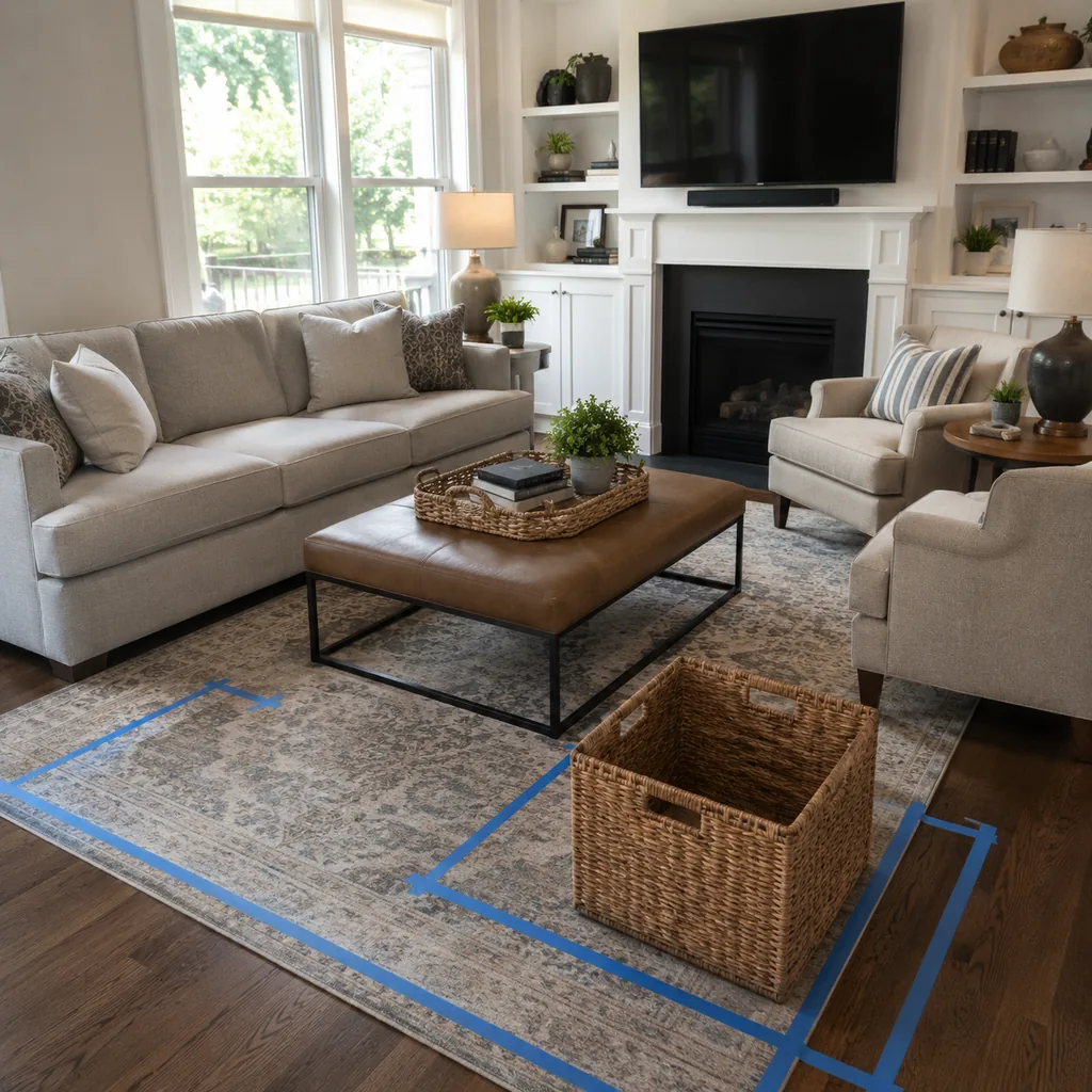 Realistic editorial photo of a living room with sofa, chairs, rug, TV, windows, and taped layout marks showing storage basket that is actually big enough