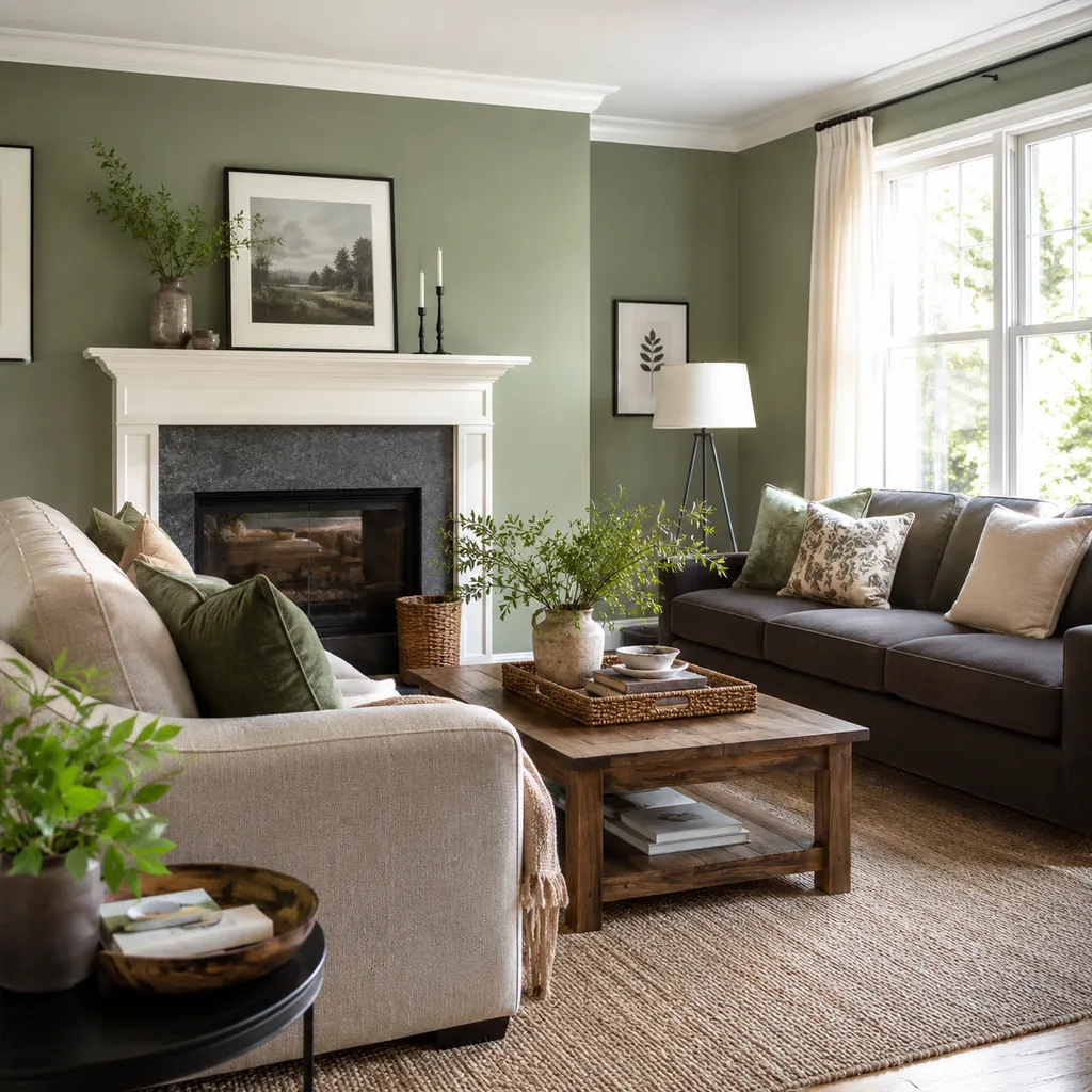 Realistic editorial photo of a living room with sofas in different upholstery colors, pillows, wall paint, and daylight showing muted green that makes beige loo