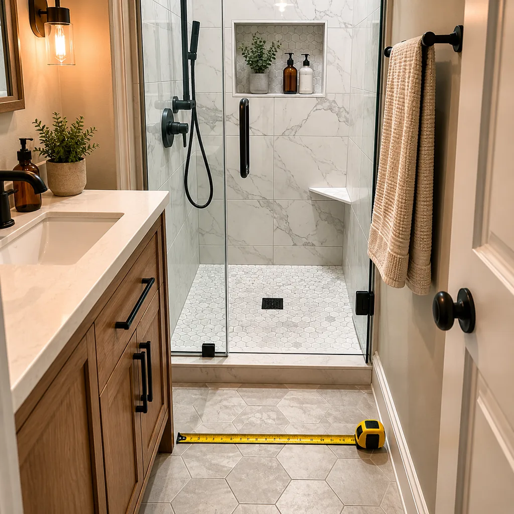 Realistic editorial photo of a narrow bathroom shower with a glass door, cramped elbow room, and a measuring tape on the tile floor