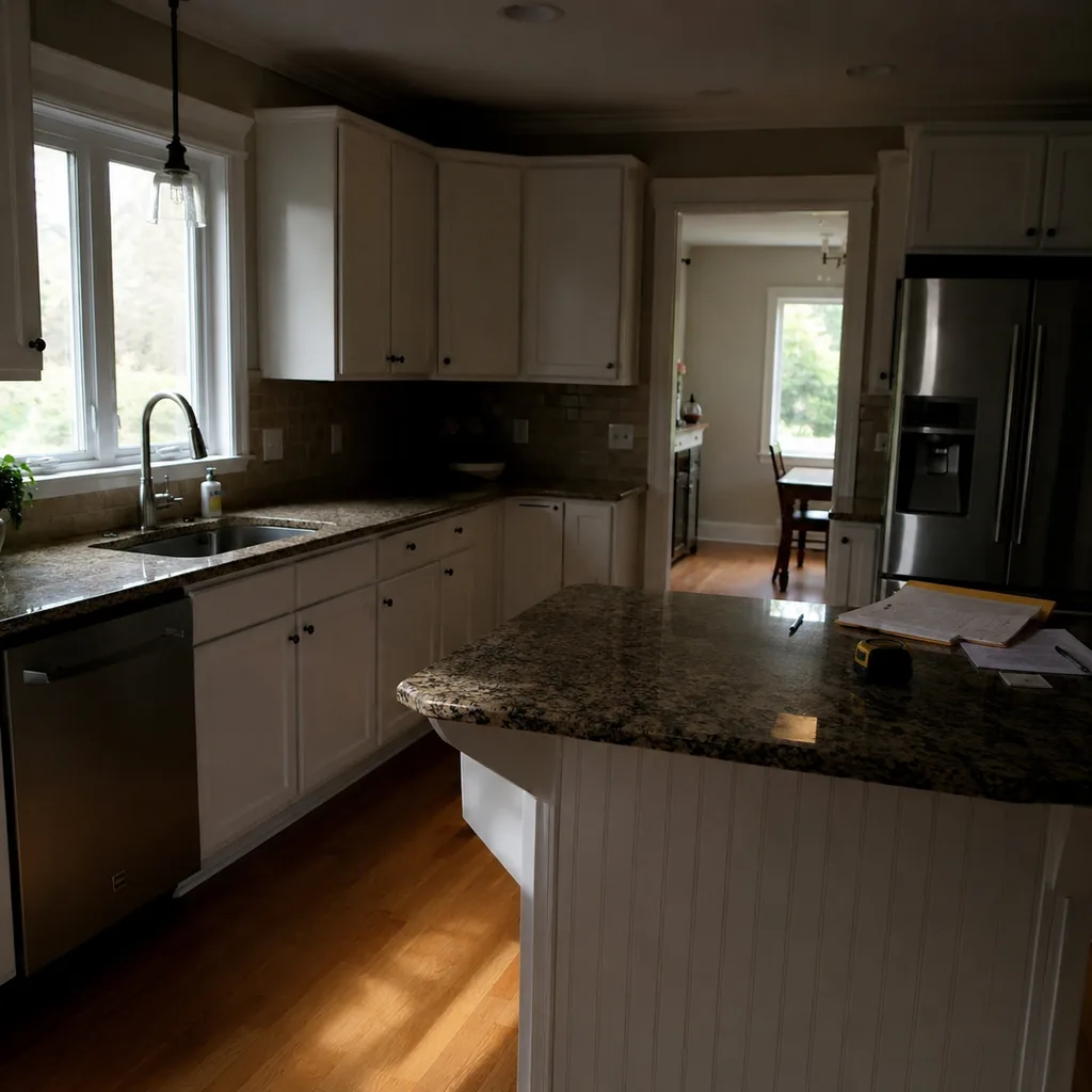 Realistic editorial photo of a realistic American kitchen with sink, cabinets, appliances, counters, and inspection details showing lighting that leaves prep ar
