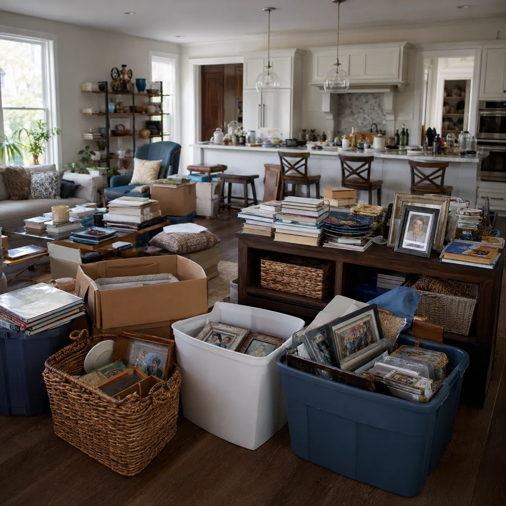 Realistic editorial photo of a realistic cluttered living room and kitchen area with boxes, counters, shelves, and organizing bins showing sentimental items mix