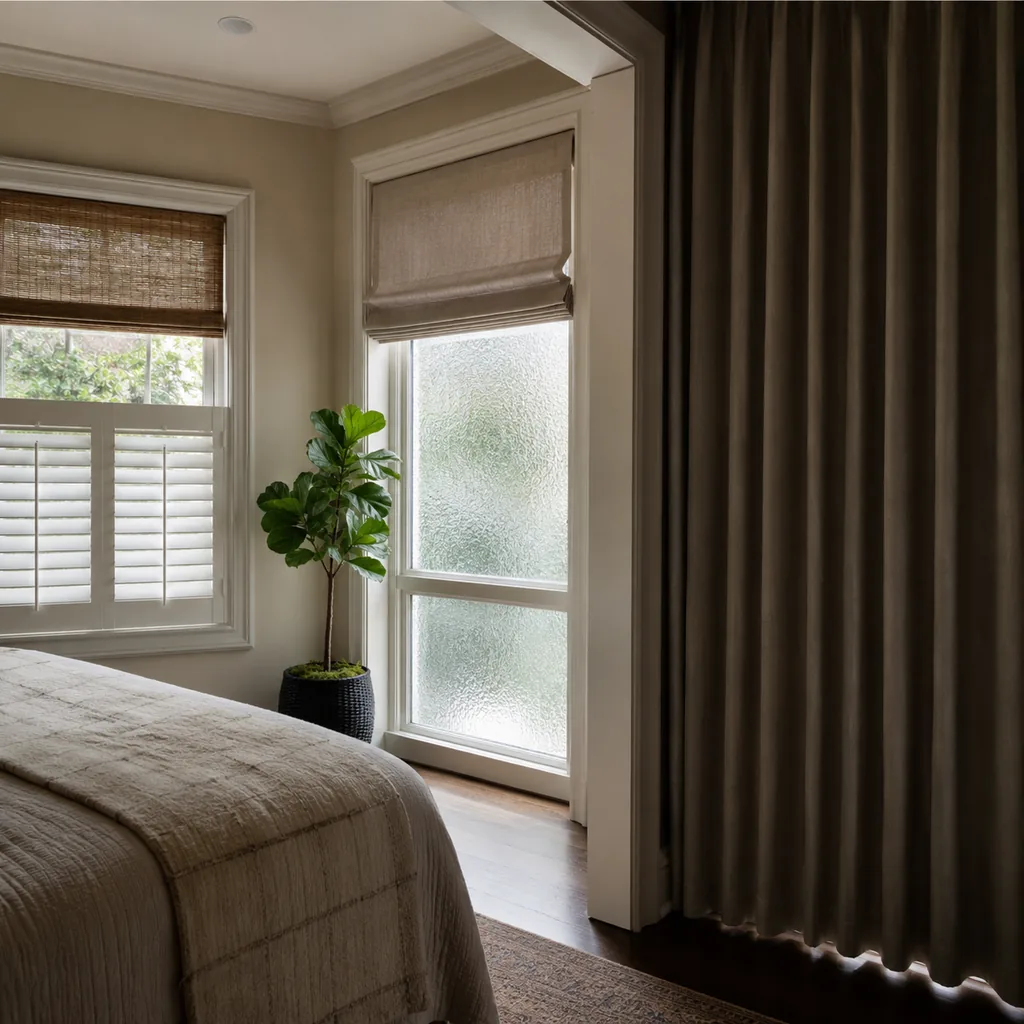 Realistic editorial photo of a room with windows, shades, shutters, woven panels, privacy film, and soft natural light showing heavy drapes blocking daylight