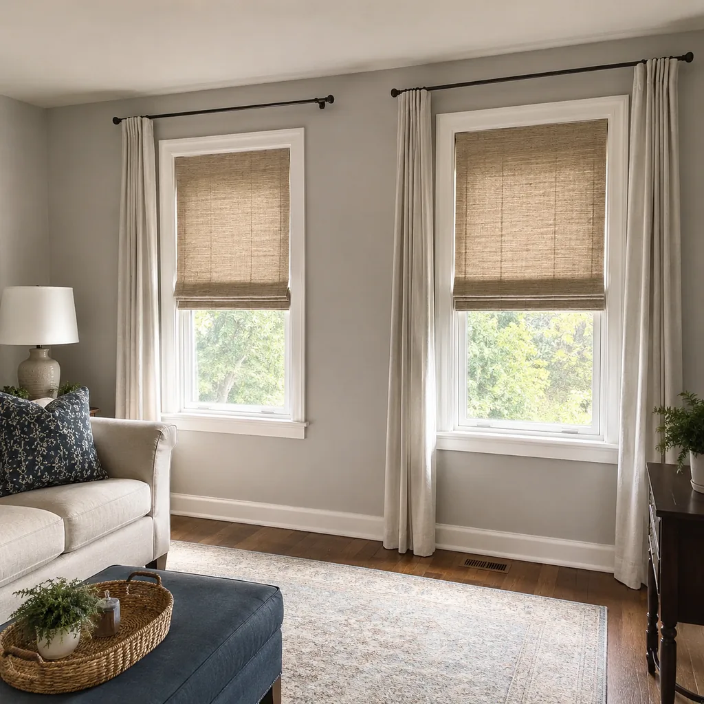 Realistic editorial photo of a small American room with windows, curtains, rods
