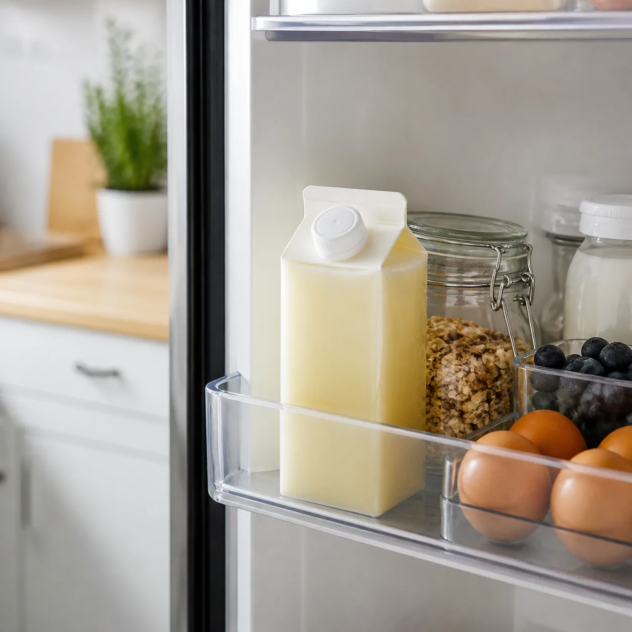 Realistic editorial photo of a small carton of liquid egg whites on a refrigerator door shelf, breakfast ingredients nea