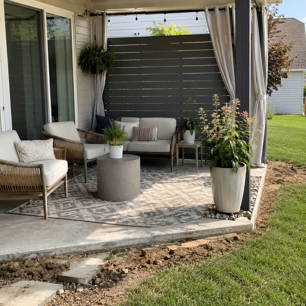 Realistic editorial photo of a small patio with compact seating, outdoor rug, plants, side table, curtains, and privacy screen showing lawn edge that looks unfi