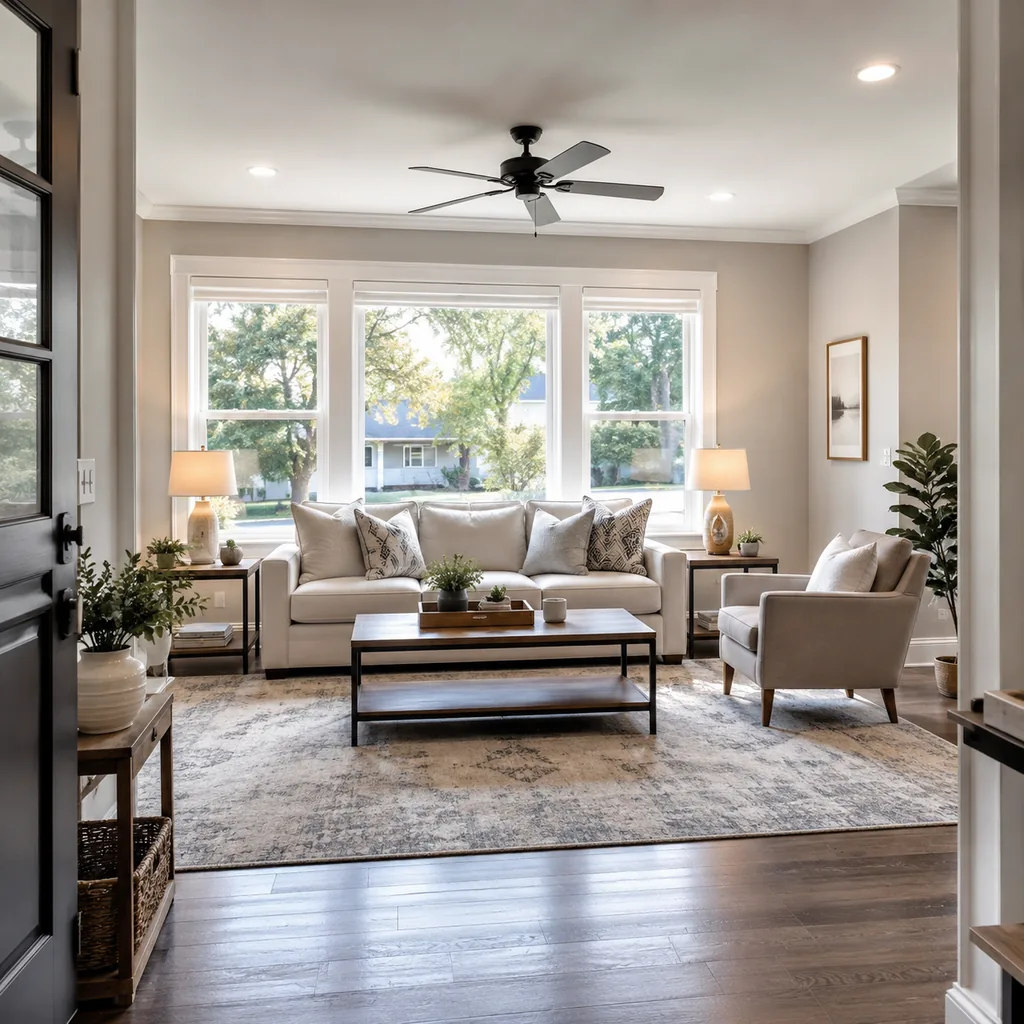 Realistic editorial photo of a staged American living room with sofa, rug, windows, lighting, and buyer-facing details showing calm first view from the door