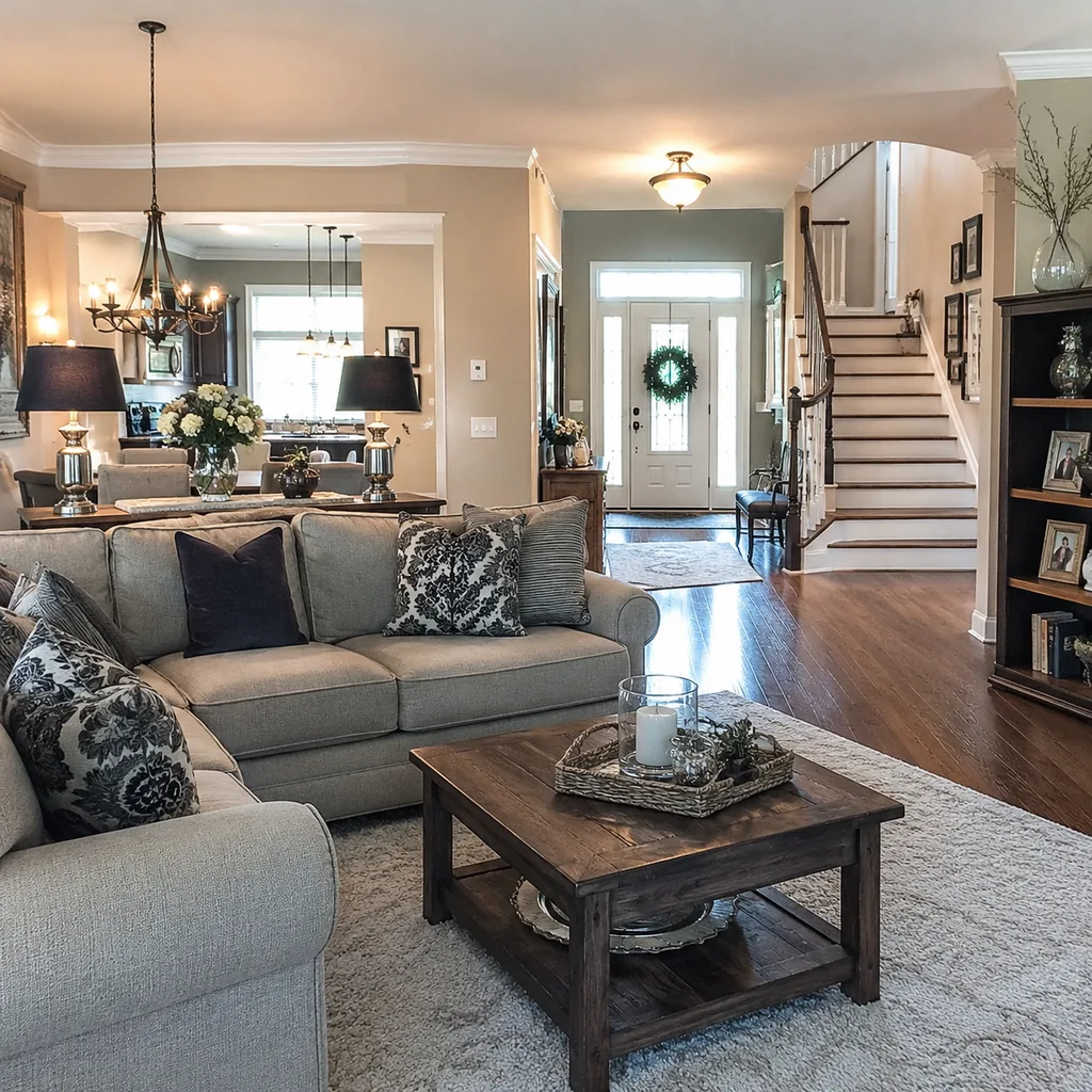 Realistic editorial photo of a staged home interior with living room, entry, lighting, furniture placement, and listing-photo details showing listing photo view
