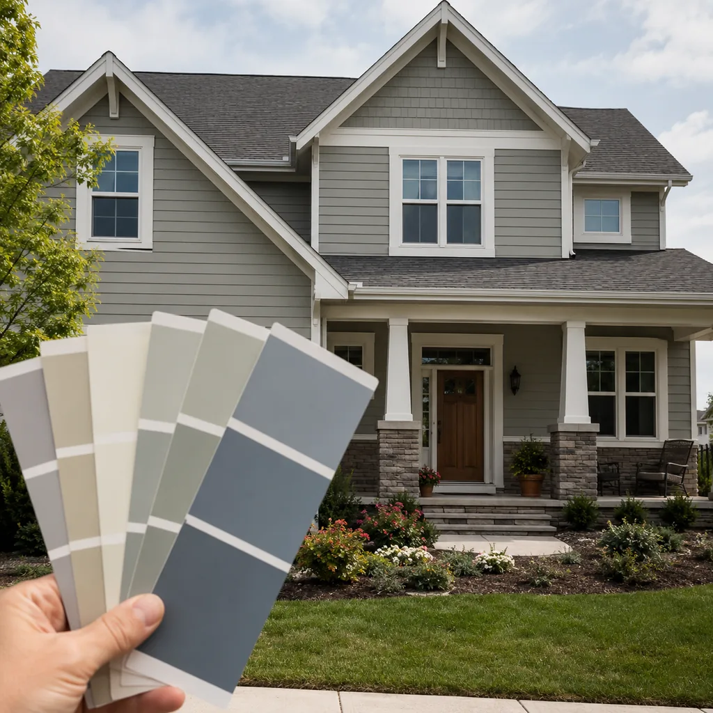 Realistic editorial photo of a suburban home exterior with siding, trim, roof, front door, lawn, and paint swatches showing colors that photograph better than t