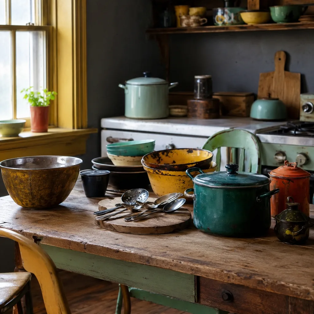 Realistic editorial photo of a vintage kitchen table with bowls, enamel cookware, utensils, tins, and warm window light showing kitchenware in unusual colors