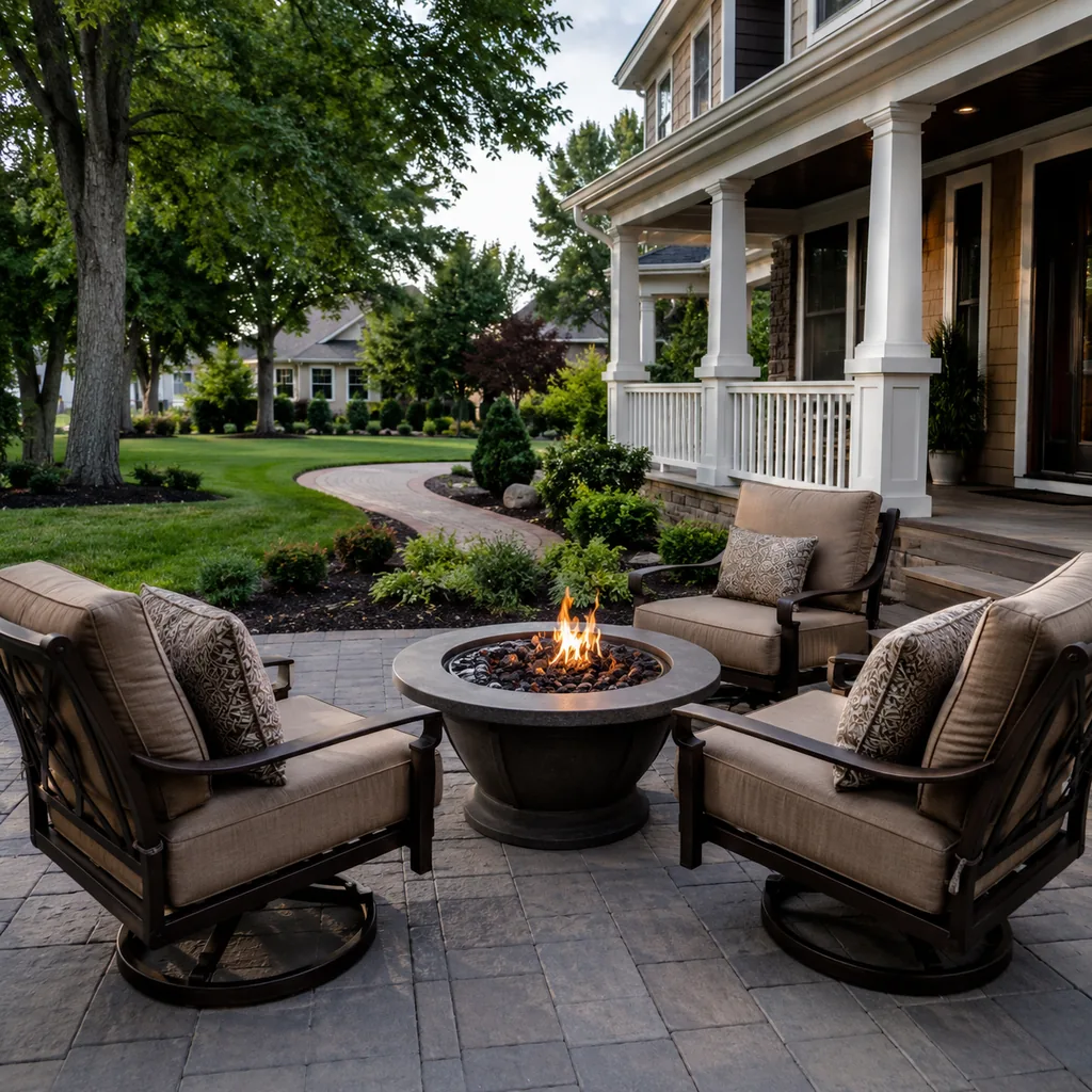 Realistic editorial photo of an American front yard with lawn, shrubs, walkway, mulch beds, trees, and a front porch showing fire pit too close to seating