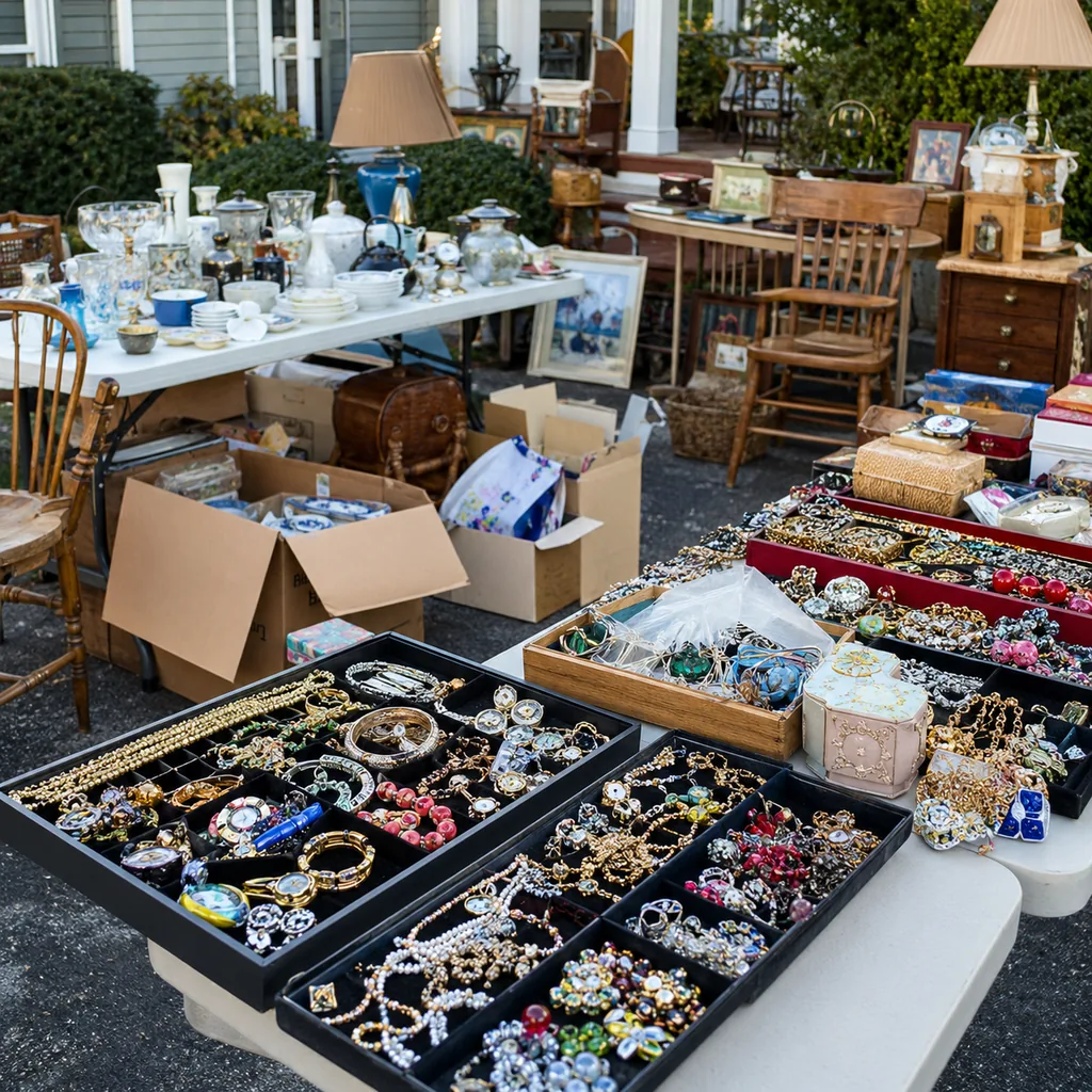 Realistic editorial photo of an American garage sale with folding tables, boxes, old kitchen items, furniture, and collectibles showing costume jewelry with sig