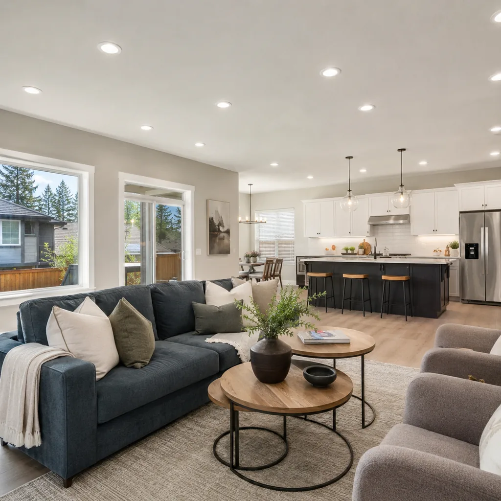 Realistic editorial photo of an American home lighting showing using recessed lights as whole plan
