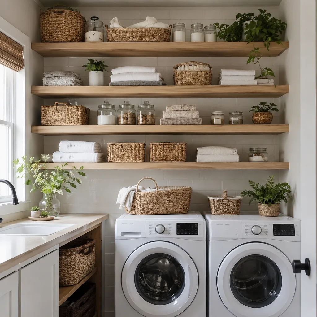 Realistic editorial photo of an American laundry room showing using open shelves for everything