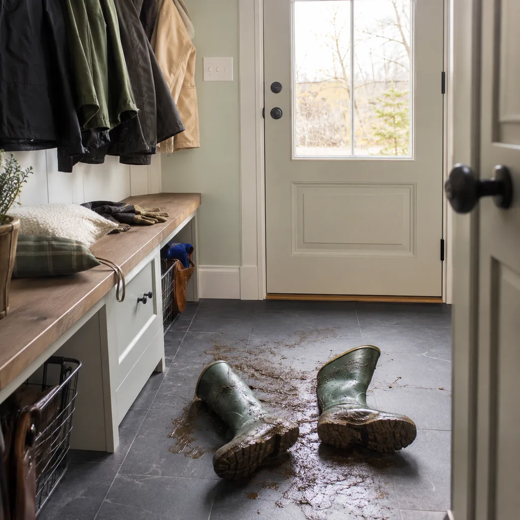 Realistic editorial photo of an American mudroom showing forgetting boot drying