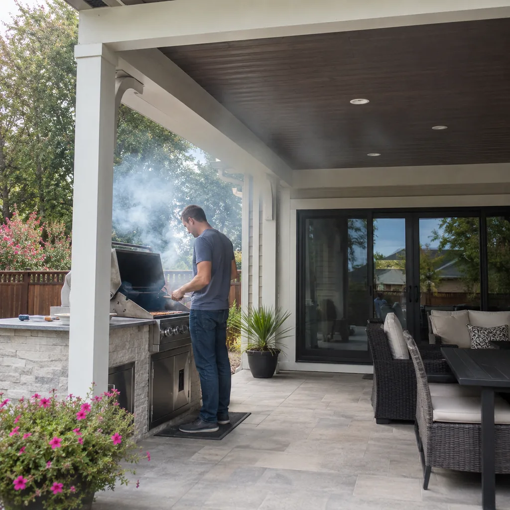 Realistic editorial photo of an American patio showing forgetting grill smoke path