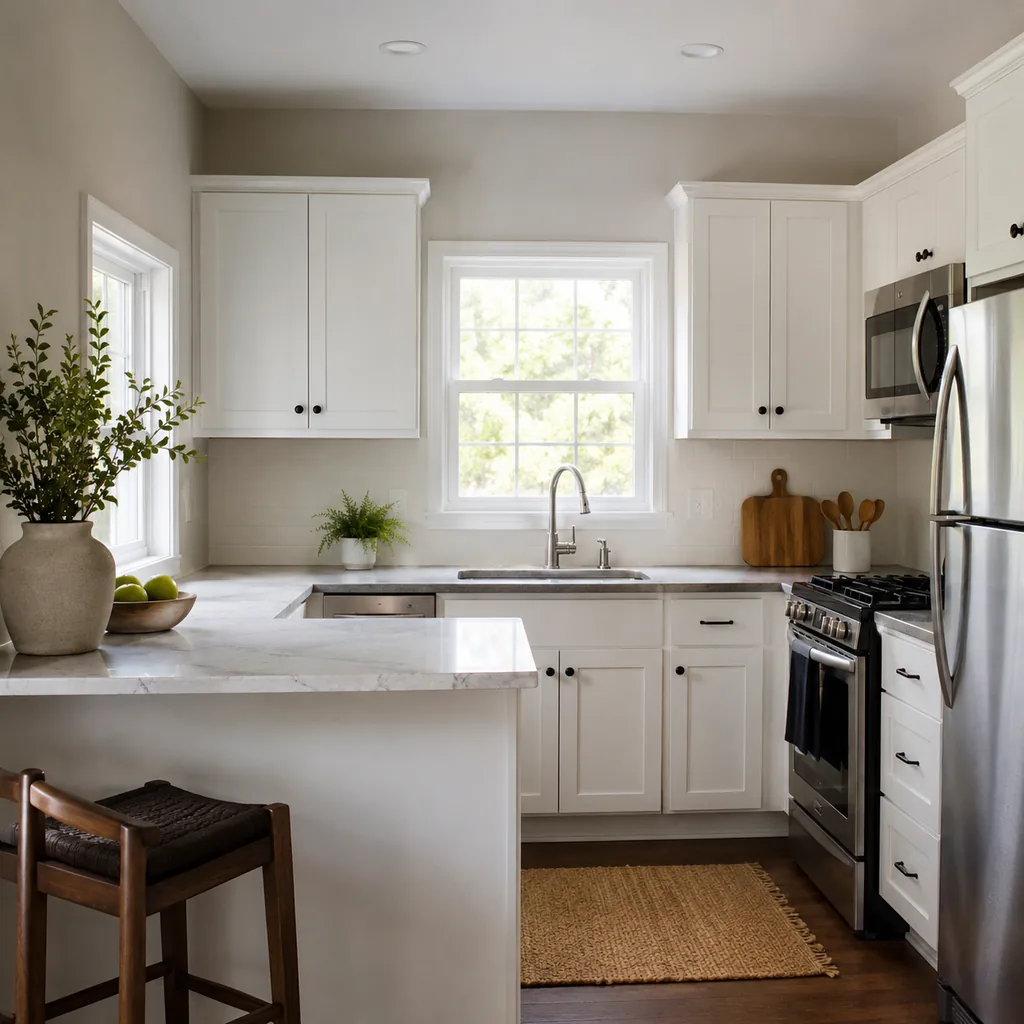 Realistic editorial photo of an American small kitchen showing using upper cabinets that stop short