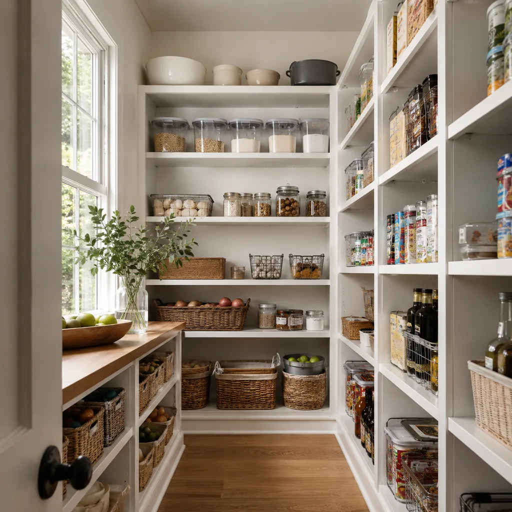 Realistic editorial photo of an American walk-in pantry showing skipping labels because pantry looks obvious
