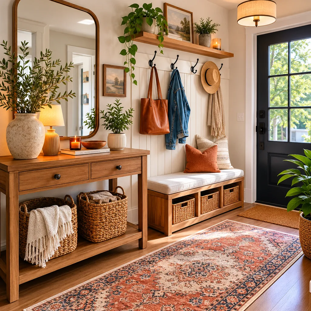 Realistic editorial photo of an entryway with console table, mirror, bench, hooks, rug, lighting, and storage showing comeback idea used in a rental-friendly wa