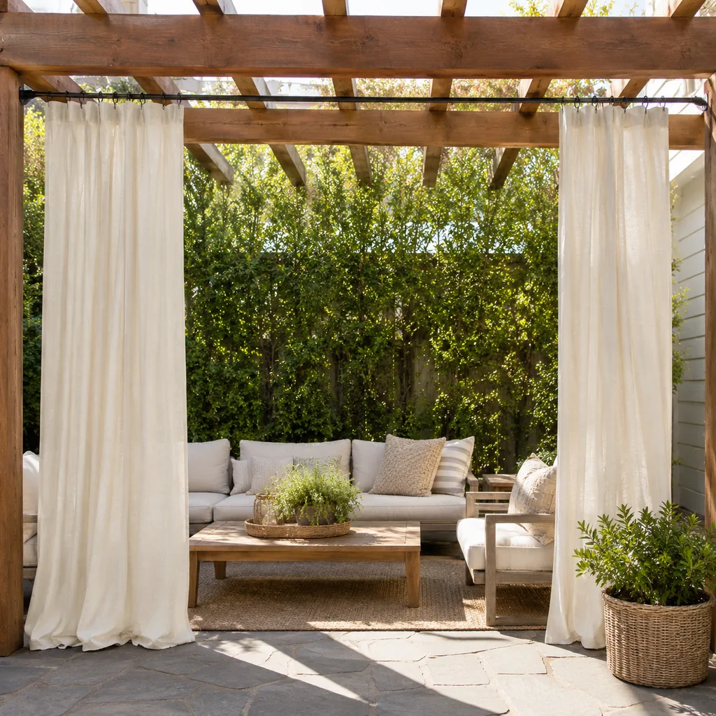 Realistic editorial photo of an outdoor patio with pergola curtains, seating, plants, fabric panels, and sunlight showing pergola curtain rod with no support