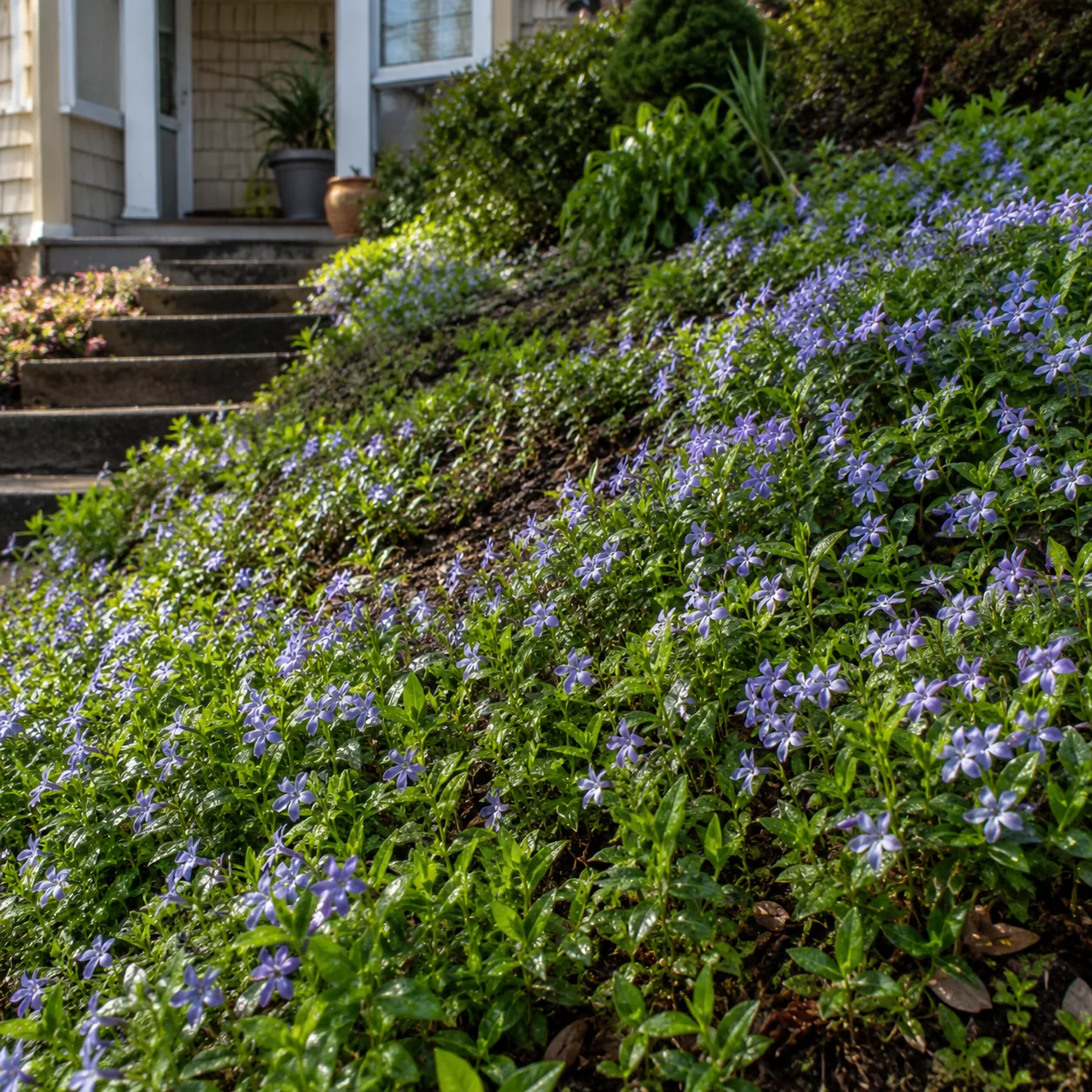 Realistic editorial photo of Blue star creeper with moisture growing in sloped front yard planted with controlled ground