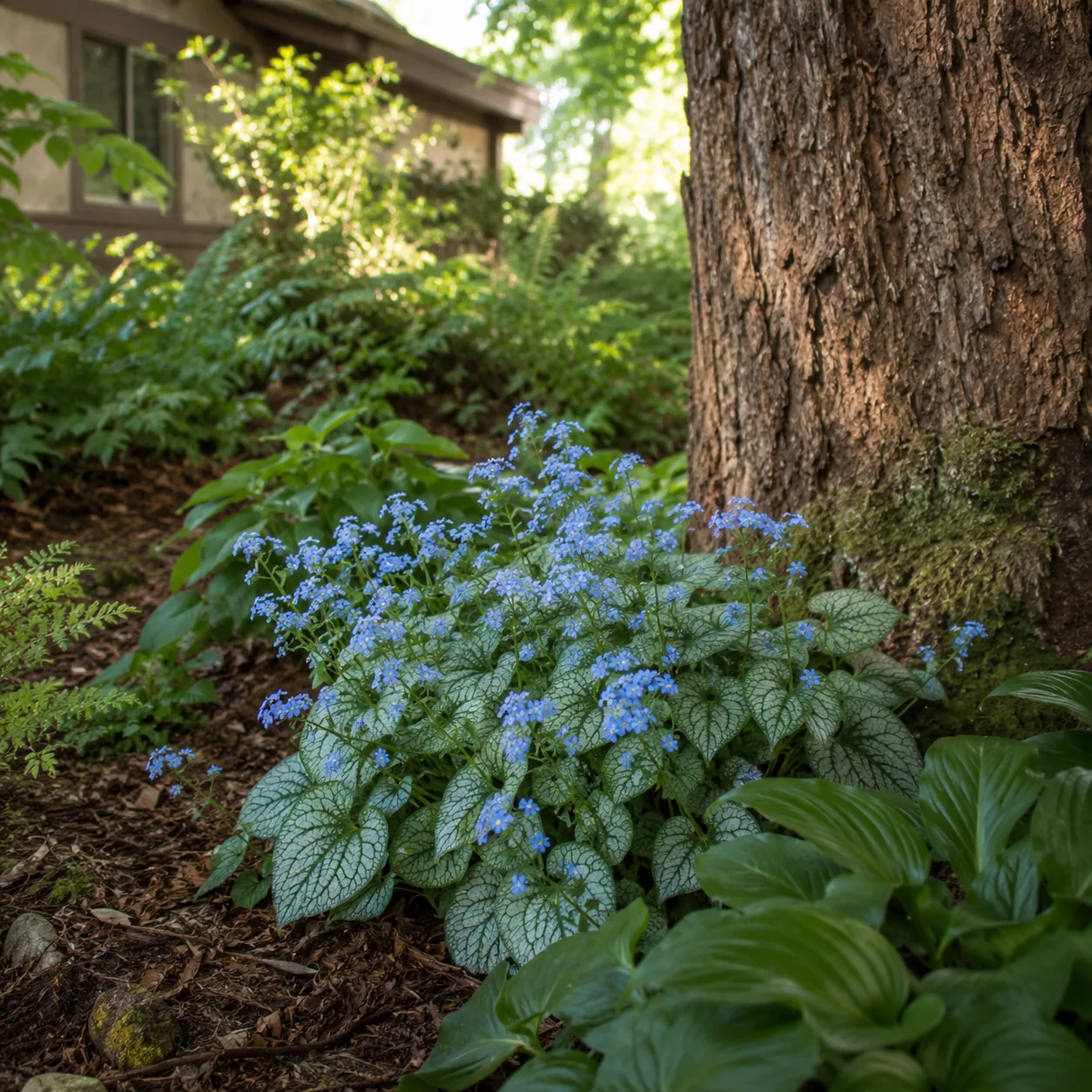 Realistic editorial photo of Brunnera growing in dry shady side yard under mature trees planted with shade tolerant plan
