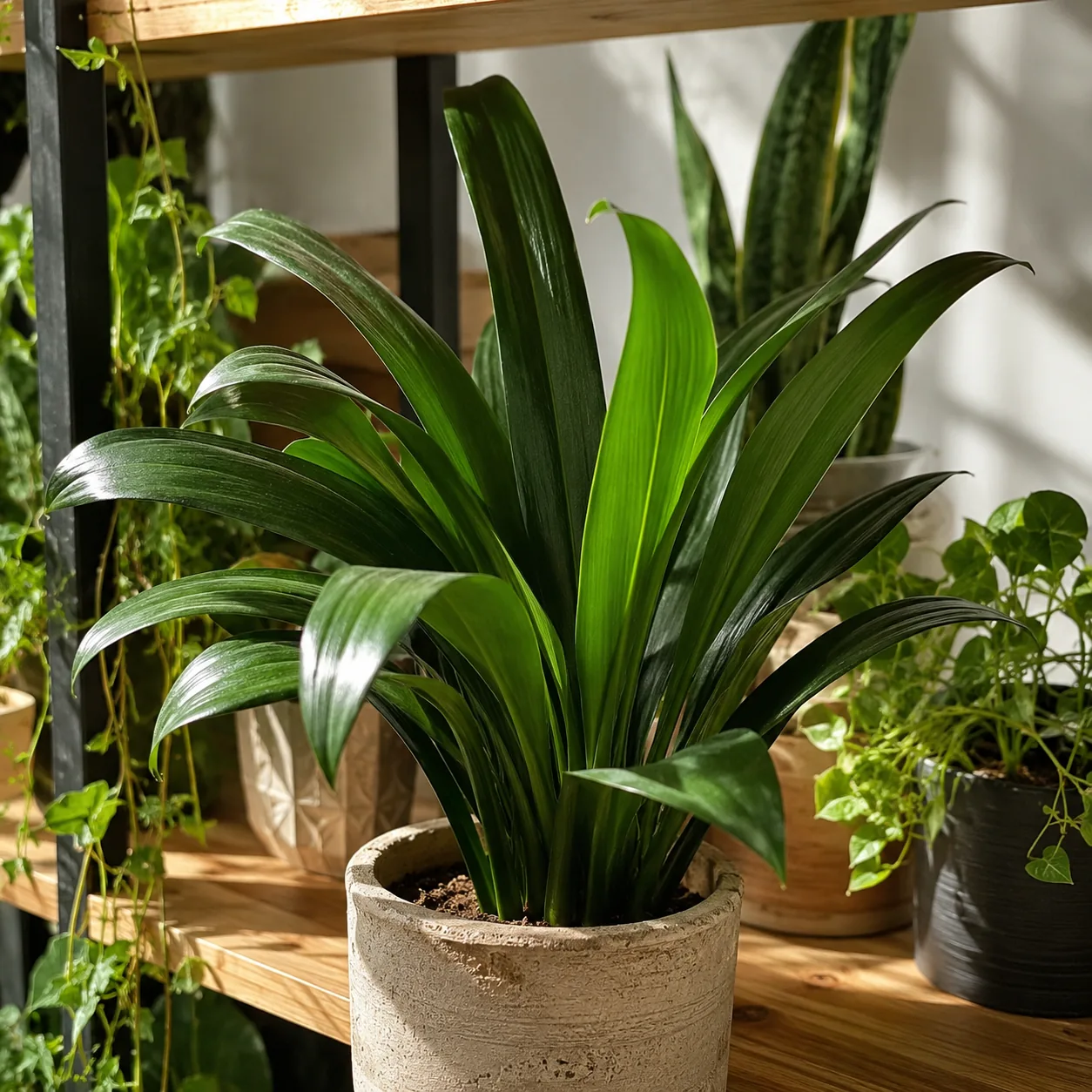 Realistic editorial photo of Cast iron plant growing in bright indoor shelf with low maintenance houseplants, realistic 