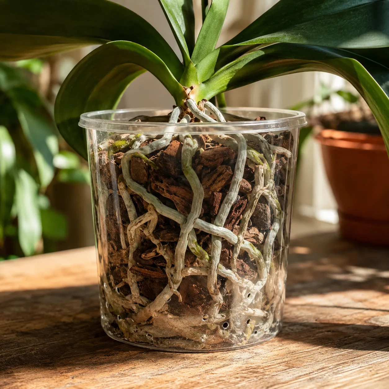 Realistic editorial photo of clear orchid pot showing silvery roots ready for watering, warm natural light, practical ho