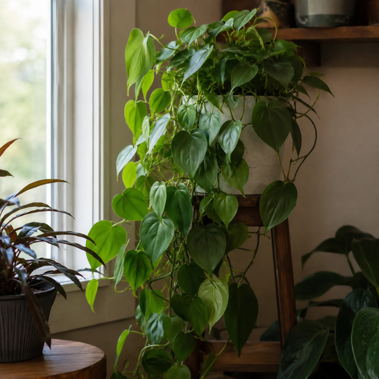Realistic editorial photo of Heartleaf philodendron growing in low light room corner with houseplants near a window, rea
