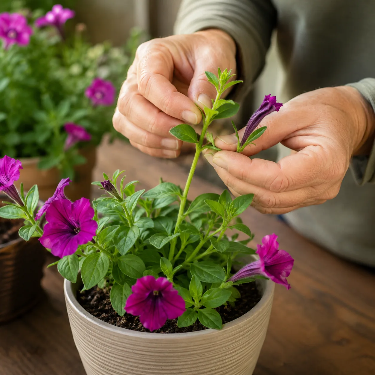 Realistic editorial photo of pinching leggy petunia stems above leaf nodes, warm natural light, practical home gardening