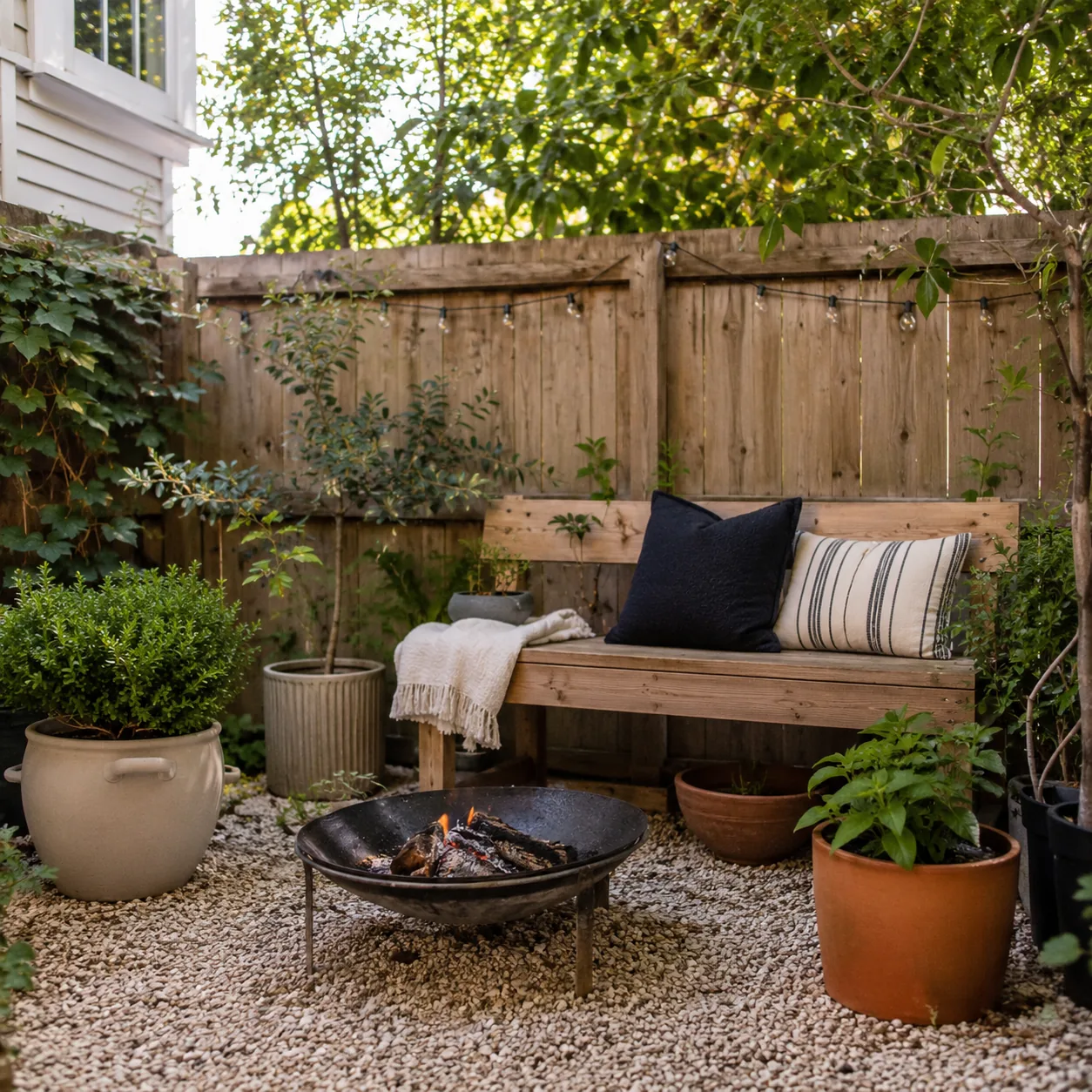 Realistic editorial photo of use a bench instead of chairs in small fenced backyard, realistic editorial photo, natural 