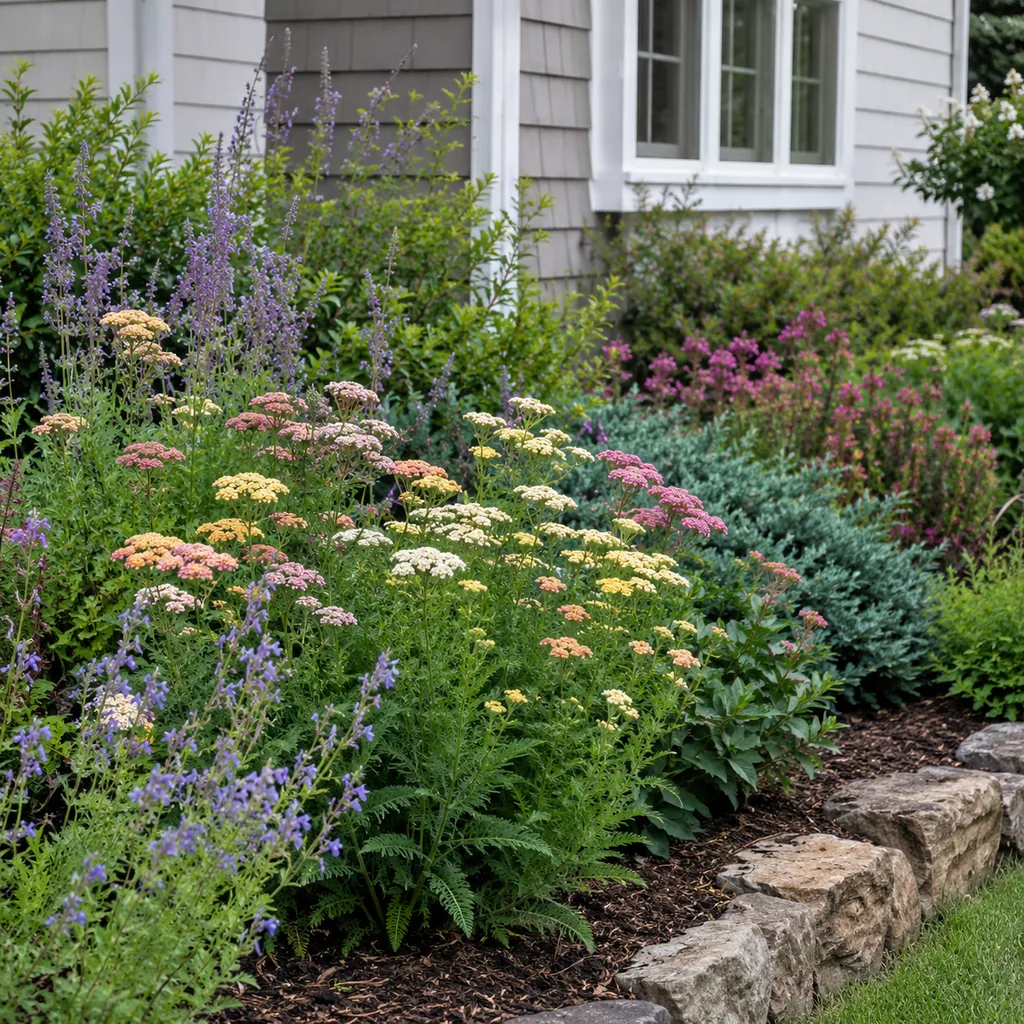 Realistic editorial photo of Yarrow growing in front yard border with deer resistant flowering plants, realistic editori