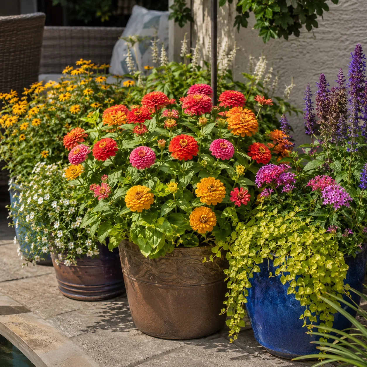 Realistic editorial photo of Zinnia growing in sunny patio containers with heat tolerant flowering plants, realistic edi