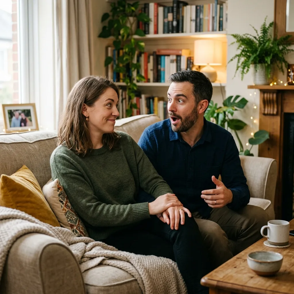 Realistic married couple sitting on a sofa mid-conversation, wife looking knowingly at husband while he looks surprised,