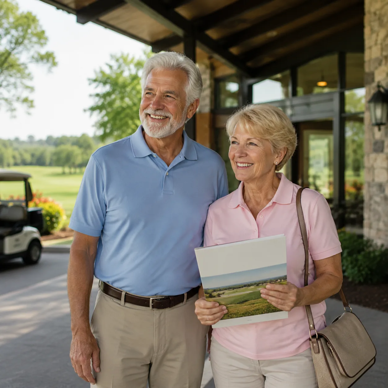 retirement community golf club entrance with older couple holding welcome packet, realistic editorial lifestyle photogra