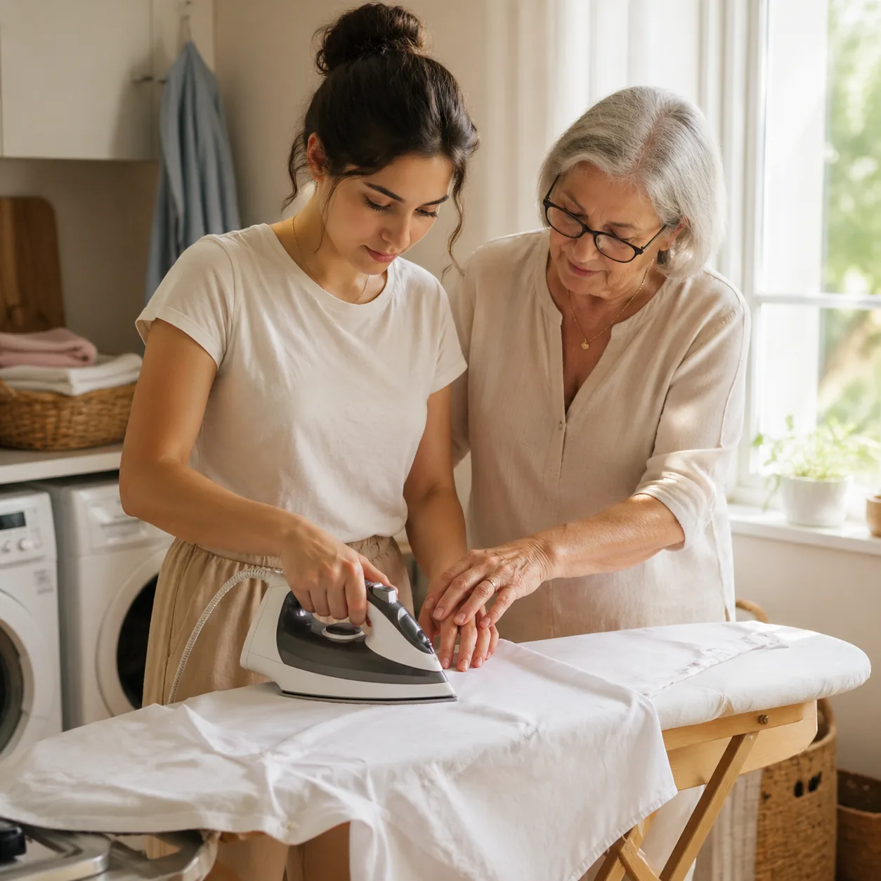 Warm editorial photo of a young woman ironing a white cotton shirt on a wooden ironing board in a sunlit laundry room, g
