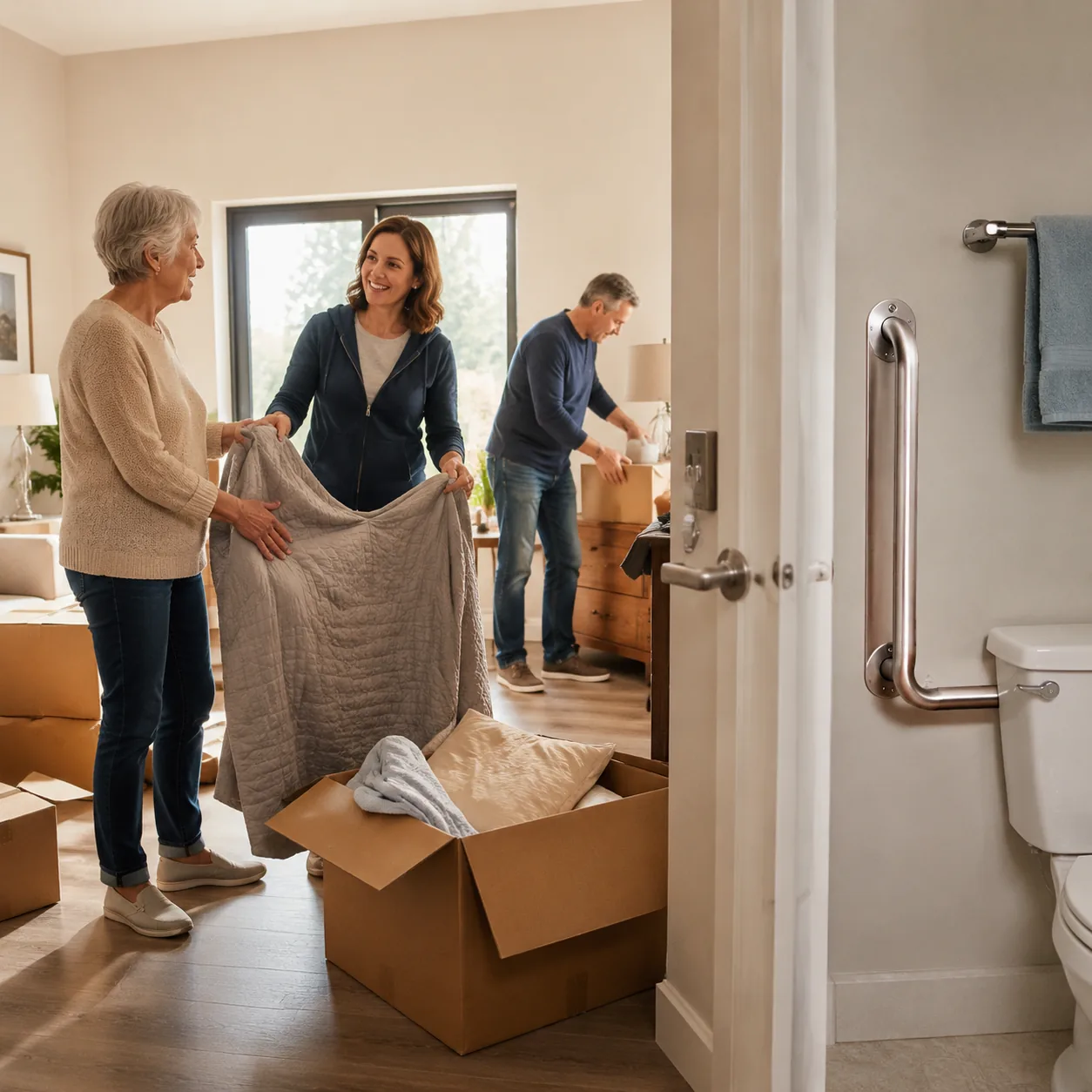 adult children setting up assisted living apartment with grab bar and moving boxes, realistic editorial lifestyle photog